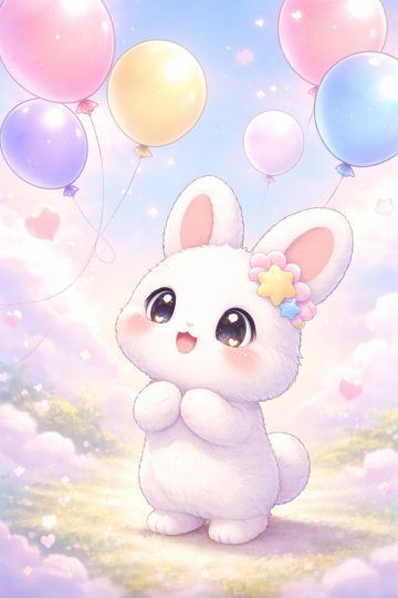 Kawaii Bunny with Pastel Balloons