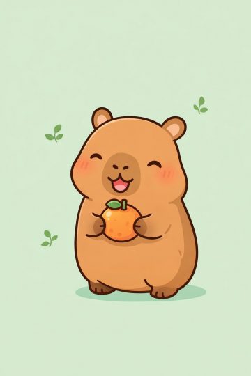Happy Kawaii Capybara Holding a Small Orange
