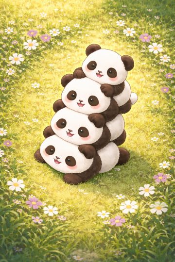 Kawaii Panda Stack in Daisy Field Wallpaper