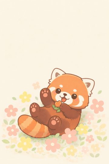Kawaii Red Panda Lying in Cute Flowers Wallpaper