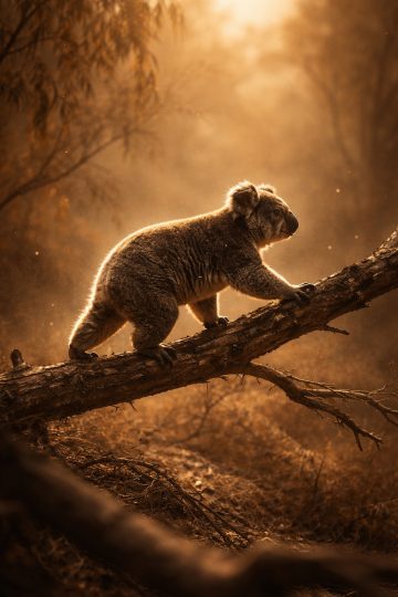 Koala Walking on Branch in Golden Backlight Wallpaper