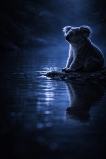 Koala by Water with Moonlight Reflection Wallpaper
