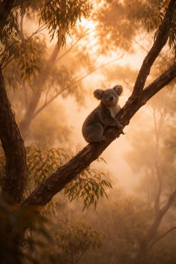 Koala Perched on Tree in Misty Warm Light Wallpaper