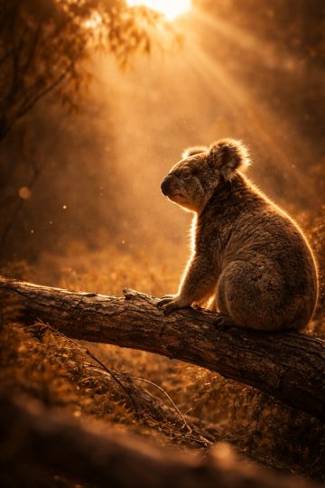 Koala Sitting on Branch in Warm Sunlight Wallpaper