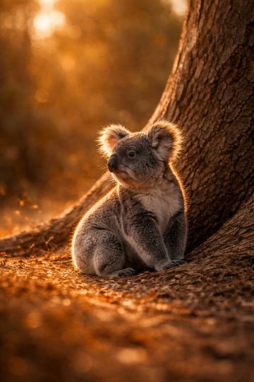 Koala Sitting at Tree Base in Sunset Light Wallpaper