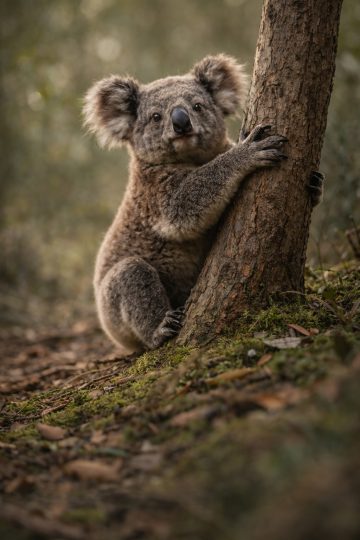 Koala Climbing Tree in Soft Focus Forest Wallpaper
