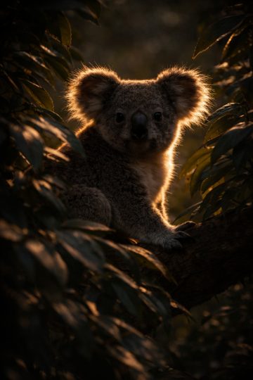 Koala Backlit on Forest Branch in Dark Setting Wallpaper