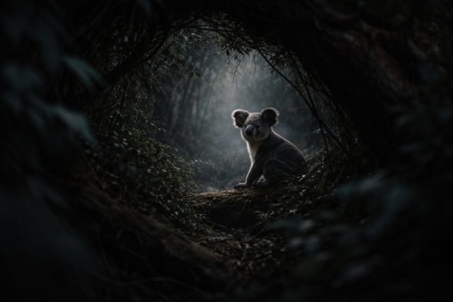 Koala Framed by Dark Forest Opening Wallpaper