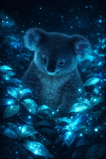 Koala Surrounded by Glowing Blue Leaves Wallpaper