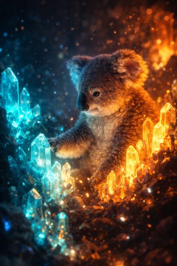 Koala Among Glowing Crystals in Dual Light Wallpaper