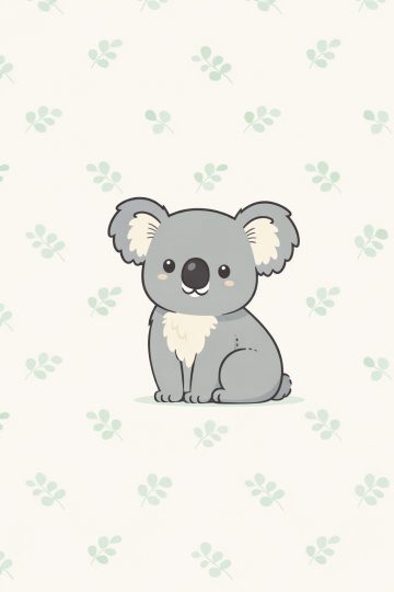 Flat Cartoon Koala Sitting with Leaf Pattern Background Wallpaper