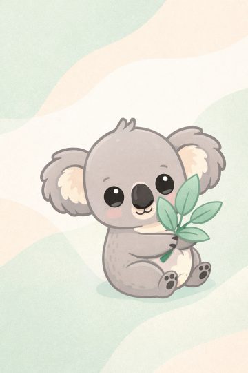 Flat Cartoon Koala Holding Leaves in Pastel Wave Background Wallpaper