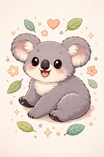 Flat Cartoon Smiling Koala with Decorative Leaves and Shapes Wallpaper