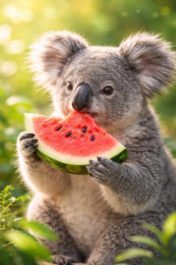 Koala Eating Watermelon in Nature Wallpaper