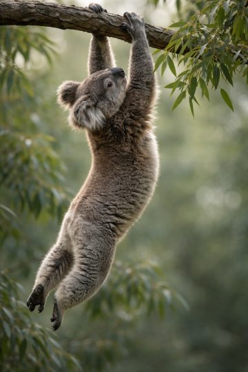 Koala Hanging from Tree Branch in Eucalyptus Forest Wallpaper