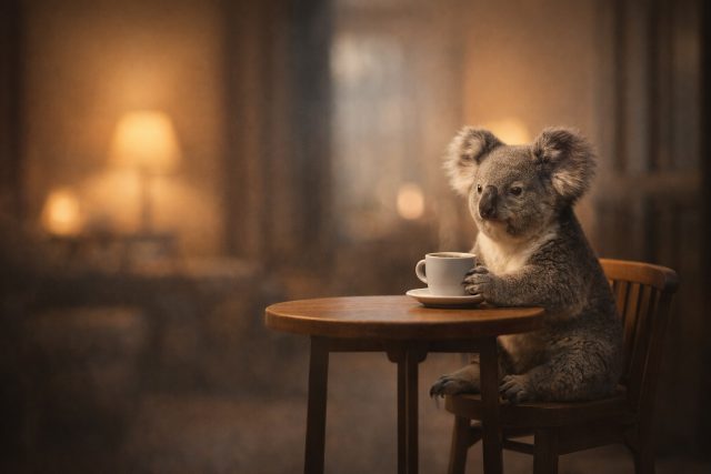 Koala Sitting with Coffee in Warm Night Ambient Wallpaper