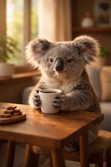 Koala Holding Coffee Cup in Cozy Room Wallpaper