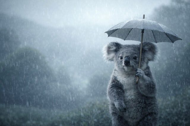 Koala Holding Umbrella in Rain Wallpaper