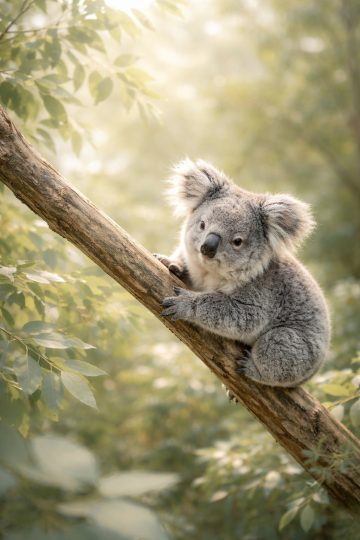 Koala Perched on Branch in Warm Golden Light Wallpaper