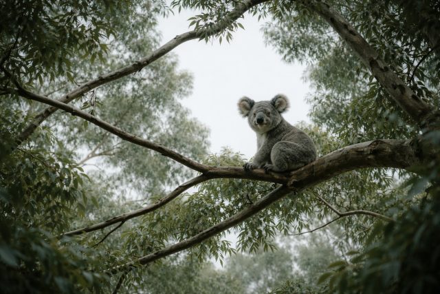 Koala Sitting on Branch in Natural Wide Forest Scene Wallpaper