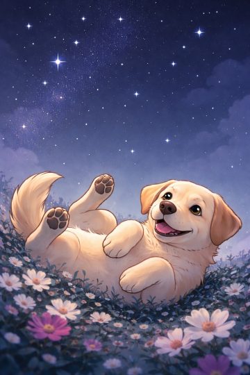 Labrador Puppy Cartoon Night Sky Flower Field Wallpaper