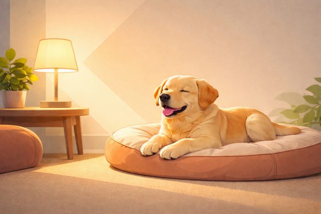 Cartoon Labrador Retriever Relaxing on Pet Bed Cozy Room Wallpaper