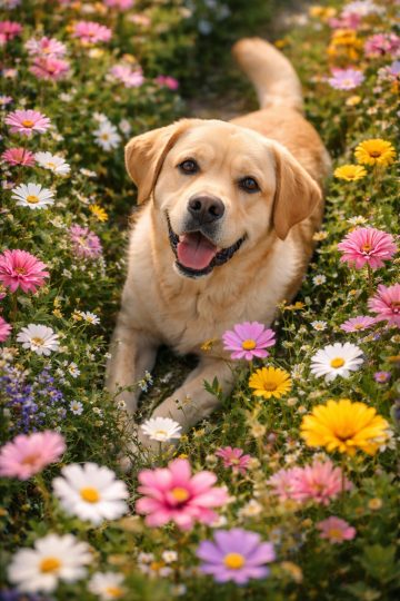 Labrador Retriever Flower Field Happy Spring Wallpaper