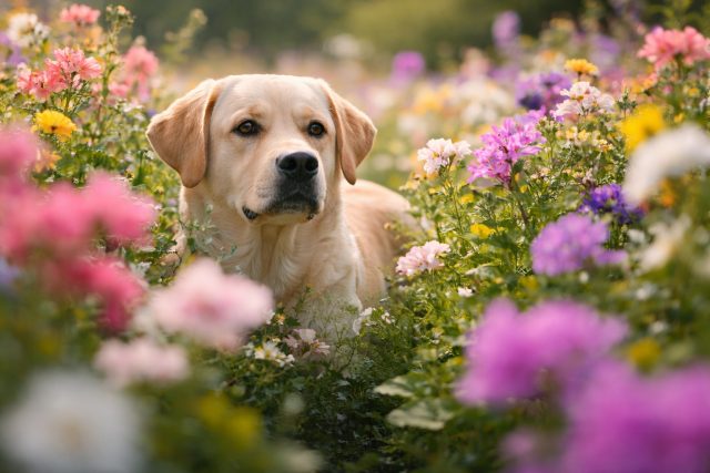 Labrador Retriever Flower Field Soft Focus Dreamy Wallpaper