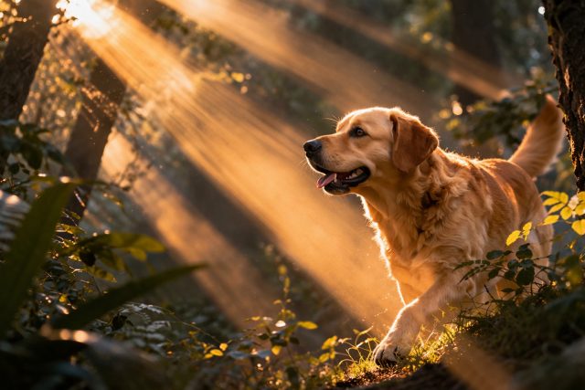 Labrador Retriever in Golden Forest Sunbeams Wallpaper