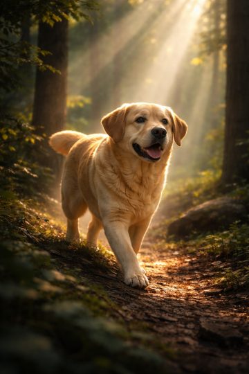 Labrador Retriever Walking Through Forest Light Rays Wallpaper