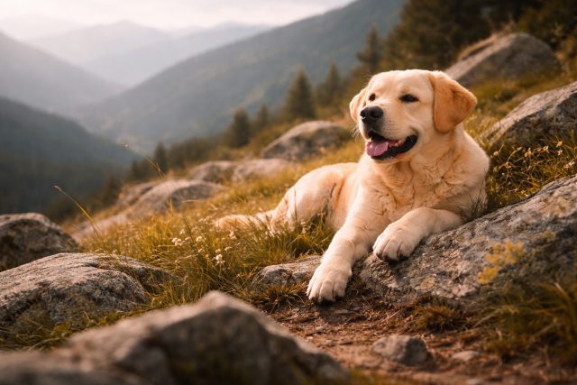 Labrador Retriever Resting on Mountain Slope Golden Hour Wallpaper