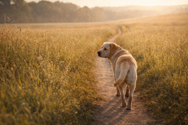 Labrador Retriever Walking Path Golden Field Sunset Wallpaper