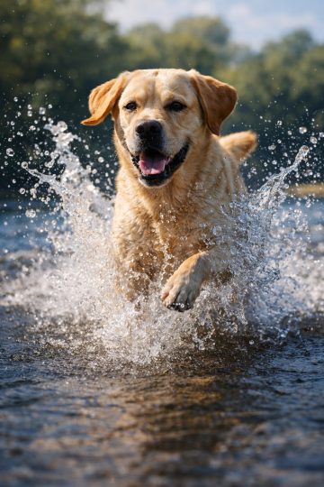 Labrador Retriever Running Through Water Splash Wallpaper