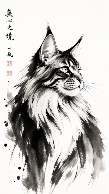 Maine Coon Cat Japanese Ink Wash Style Wallpaper