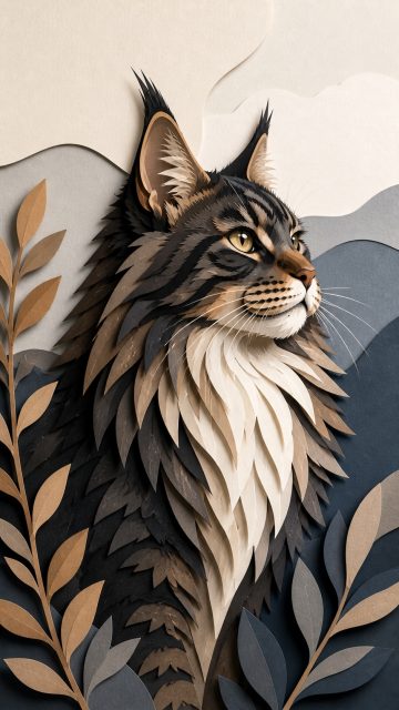 Maine Coon Cat Paper Cut Layered Illustration Wallpaper
