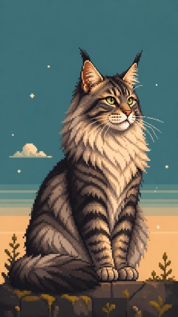 Maine Coon Cat Pixel Art Retro Style Wallpaper