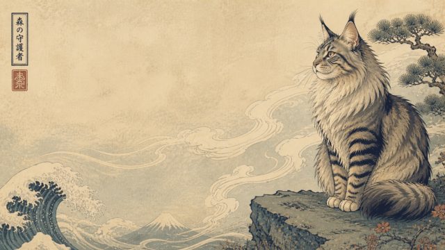 Maine Coon Cat Ukiyo-e Inspired Landscape Wallpaper