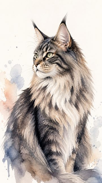 Maine Coon Cat Soft Watercolor Illustration Wallpaper