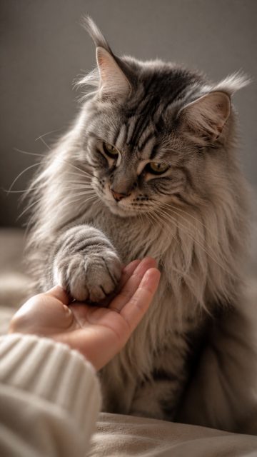 Maine Coon Cat Gentle Hand Interaction Wallpaper