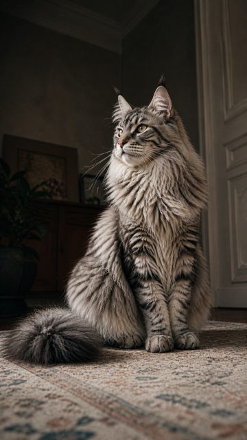 Maine Coon Cat Sitting in Regal Indoor Pose Wallpaper