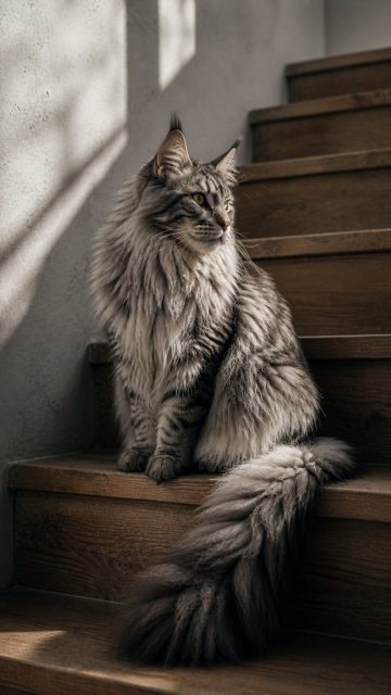 Maine Coon Cat Sitting on Stairs in Soft Light Wallpaper