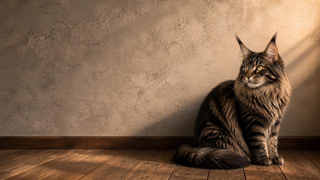 Maine Coon Cat in Warm Wooden Interior Light Wallpaper