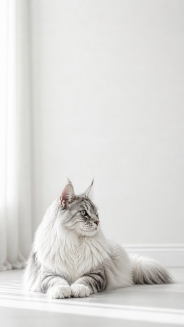 Maine Coon Cat Resting in Minimal White Interior Wallpaper