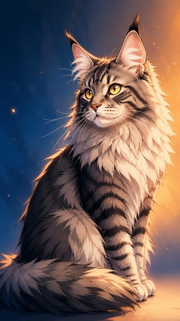 Maine Coon Cat Anime Style Portrait with Warm Glow Wallpaper