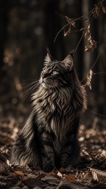Maine Coon Cat Among Autumn Leaves in Soft Forest Light Wallpaper