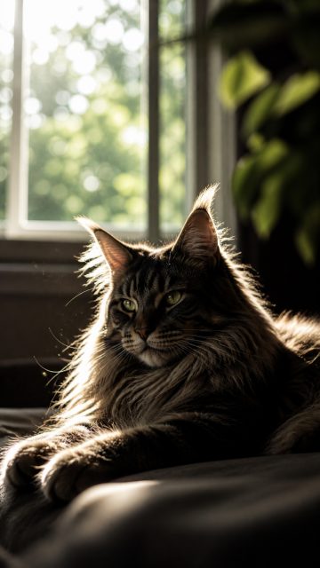 Maine Coon Cat Resting in Backlit Window Glow Wallpaper