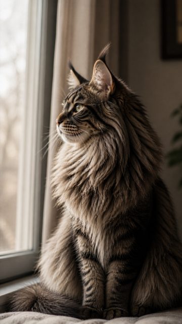 Maine Coon Cat Sitting Calmly by Window Light Wallpaper