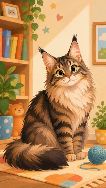 Maine Coon Cat in Cozy Children Book Room Illustration Wallpaper