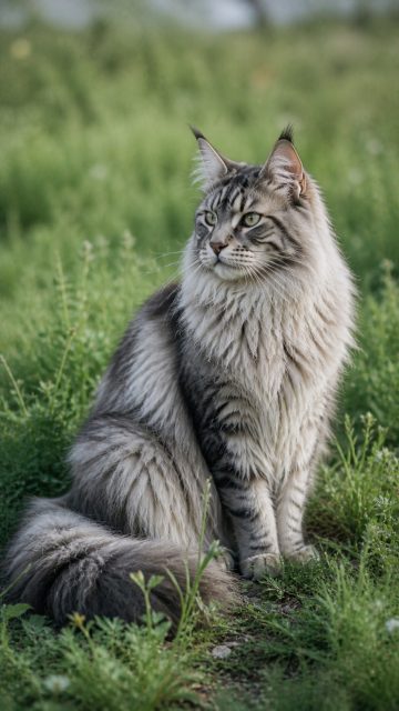 Maine Coon Cat Sitting in Soft Grass Outdoor Light Wallpaper