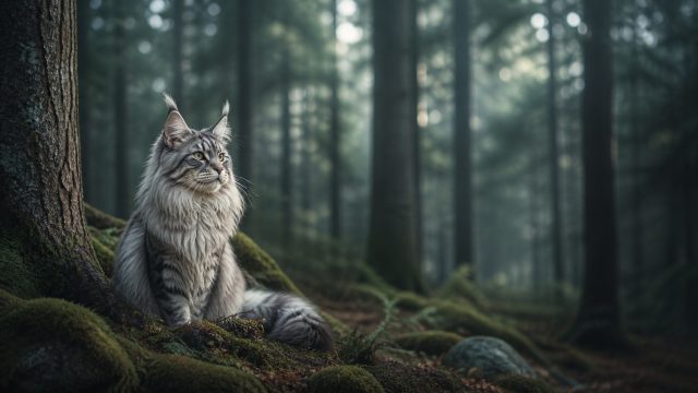 Maine Coon Cat in Deep Forest Wide Scene Wallpaper